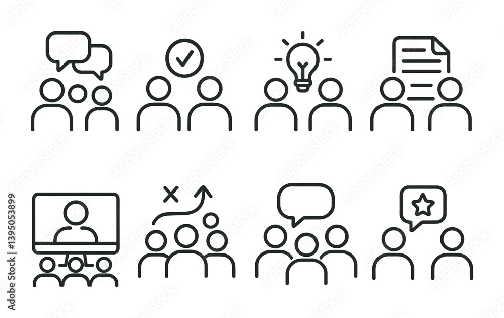 Poster teamwork and communication icons set: linear style for collaborative projects