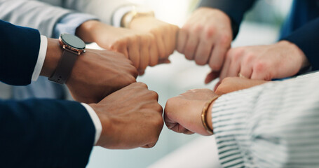 Office, team and circle of people with hands together in solidarity, collaboration or support....