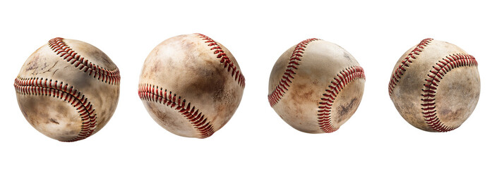 Fototapeta premium Collection of weathered baseballs showing varying degrees of wear and tear.