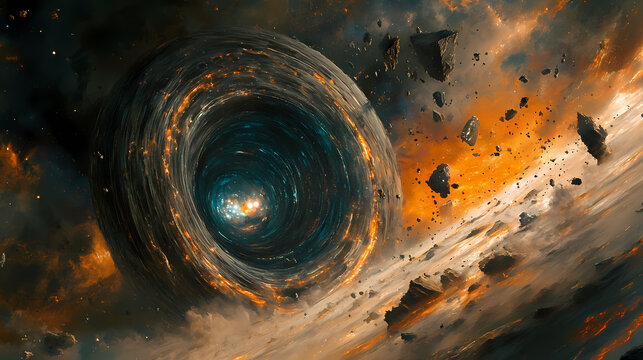 A colossal black hole devouring nearby celestial bodies, light bending around its event horizon, an accretion disk glowing intensely with blue and orange hues. Devoured Light. Illustration