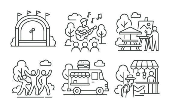 Outdoor event icon set: concert, art, dance, food truck, and vendor in linear style