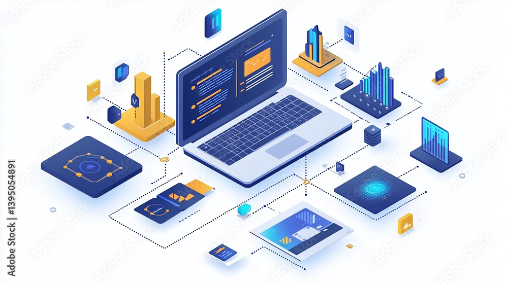 Poster isometric network visualization of data analytics and cloud computing technology concept design vect
