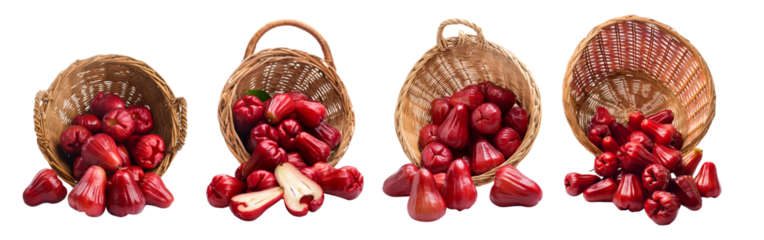 Fresh red fruits displayed in woven baskets on a clean background.