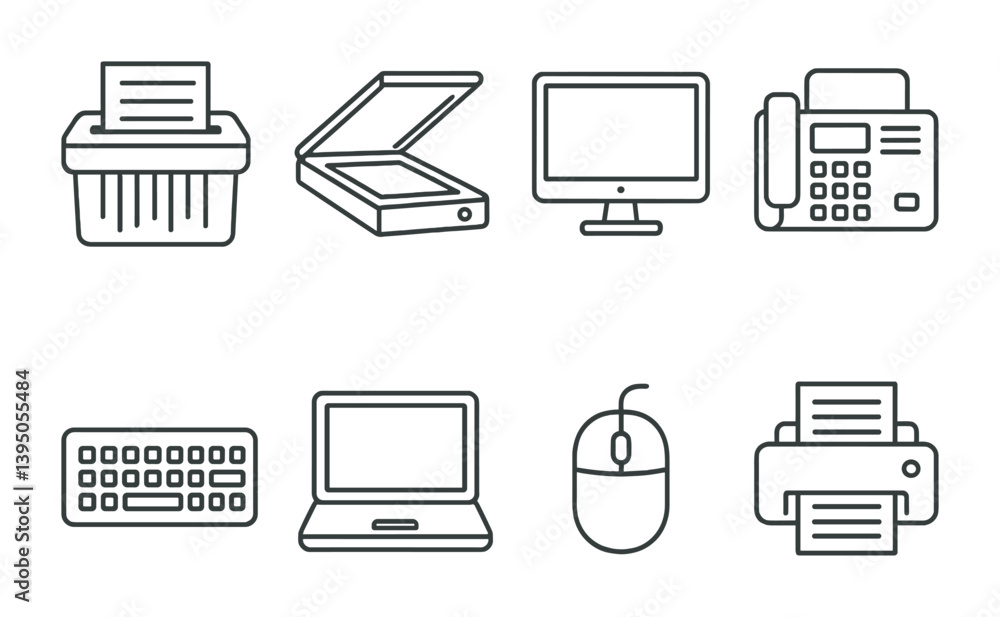Poster office electronics icon set - essential devices for modern workplaces in linear style