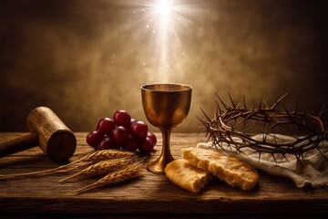 Still Life Composition Featuring Golden Chalice, Grapes, Bread, Crown of Thorns, and Hammer Symbolizing Religious Themes and Sacramental Rituals in Dramatic Lighting