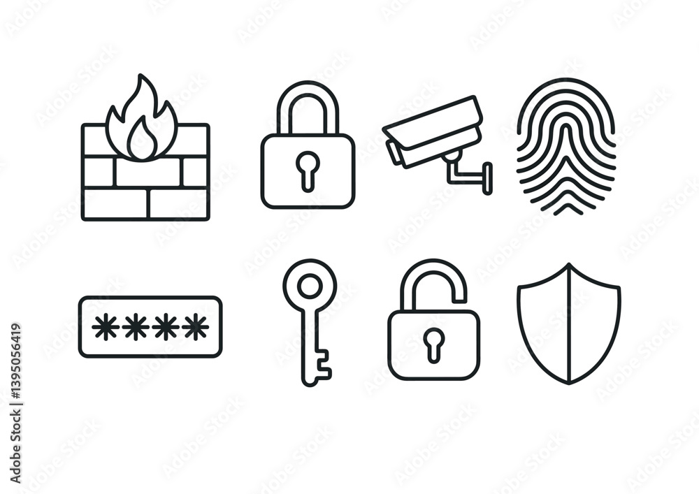 Poster comprehensive linear security and protection icons set for digital use