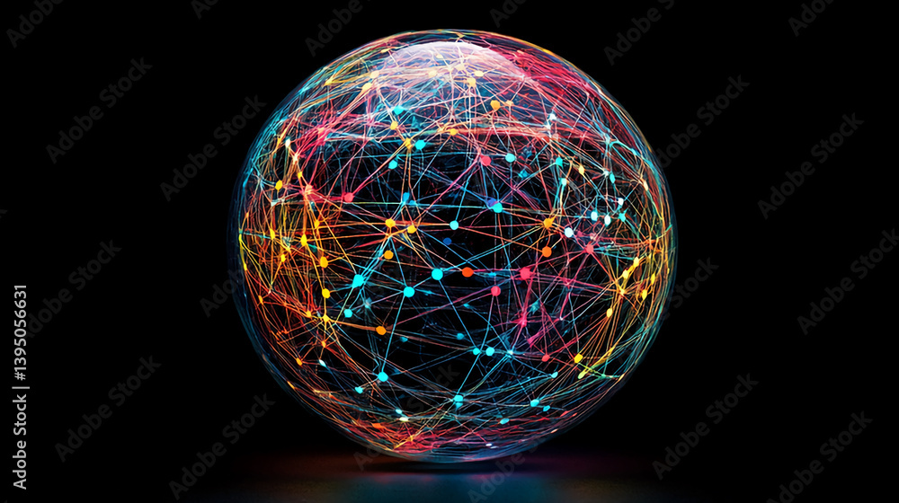 Poster abstract network sphere glowing connections data visualization technology concept design