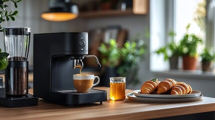 Cozy Morning Scene with Espresso Machine and Fresh Pastries