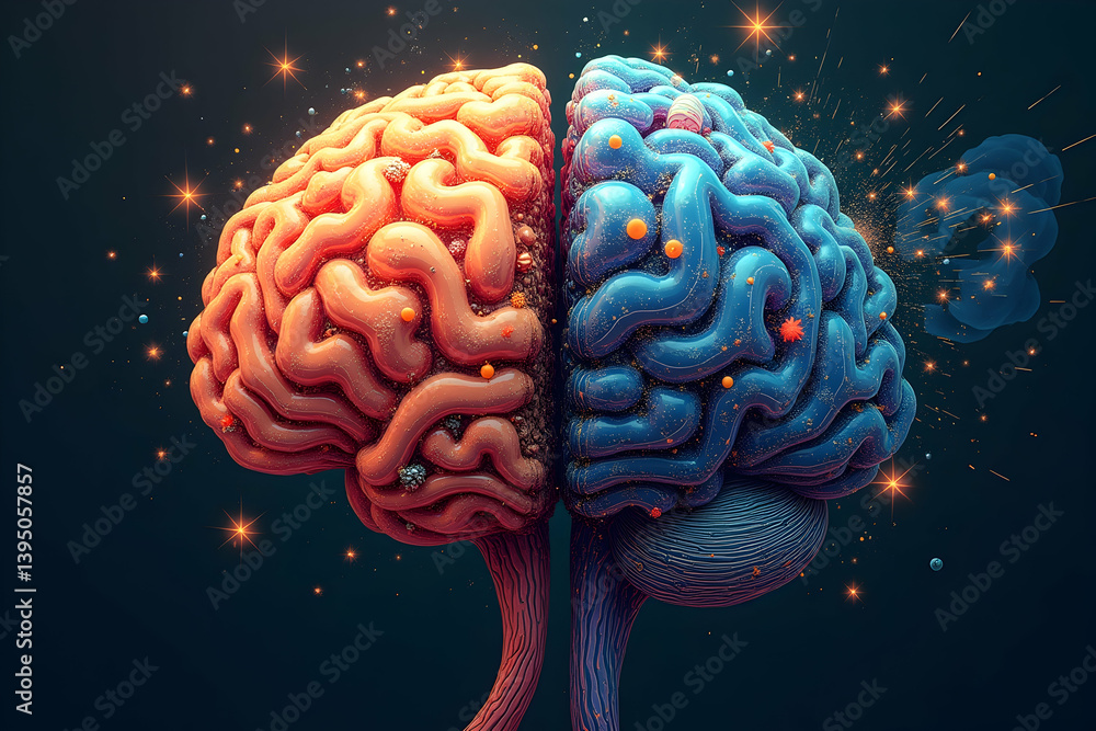 Aufkleber exploring the dichotomy of cognition, a surreal and vivid depiction of a brain bisected into two dis