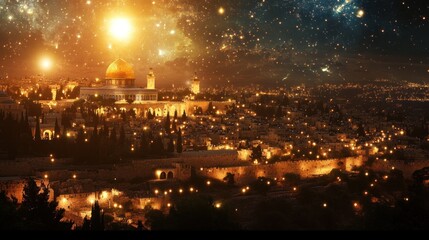Jerusalem Dome of the Rock at Night, Starry Sky Background