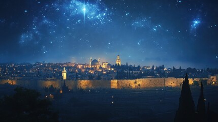 Obraz premium Starry Night, Jerusalem Skyline, Holy City, Christmas