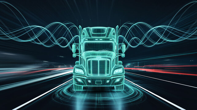 Wireframe semi-truck on highway, surrounded by teal energy waves, symbolizing technological advancement in transportation and autonomous driving
