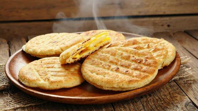 Delicious hot arepas filled with cheese served on a wooden plate in a rustic setting