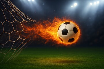 Dynamic Soccer Ball in Motion with Flames and Goal Net against Dramatic Stadium Lighting