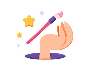 Fototapeta premium concept of artist, painter, graphic designer, illustrator. creative worker. illustration of a hand with a paintbrush and stars. flat style design with texture grain. elements