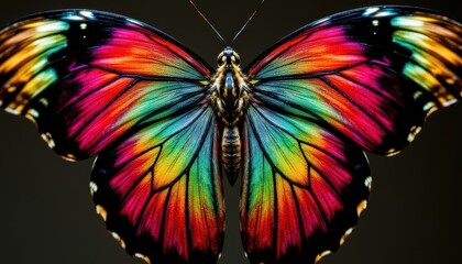 Vibrant butterfly wing showcases nature beauty in multi colored patterns.