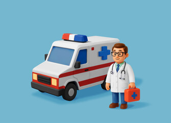 3D doctor with ambulance car isolated. Render doctor holding first aid kit and emergency vehicle. Healthcare services, medical professional character. Medical and health care. Vector illustration © absent84