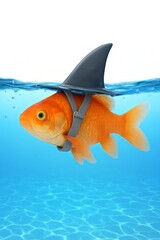 Goldfish in Shark Fin Hat Swimming Playfully Underwater in Clear Blue Water with Bubbles and Light Reflections Creating Fun and Whimsical Scene