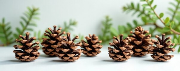 Small clusters of pinecones on a clean surface, pinecone arrangements, botanical, tree branches