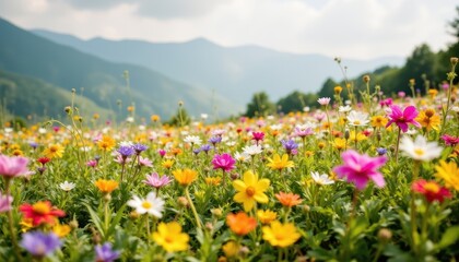 Fototapeta premium Vibrant flowers bloom in the meadow colorful landscape.