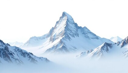Snow-covered mountain peak, stark white against a brilliant white sky, scenic, summit, ice