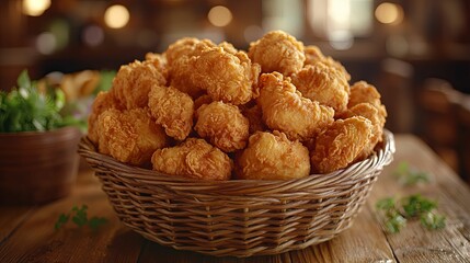 Delicious golden fried chicken pieces overflowing a woven basket on a table