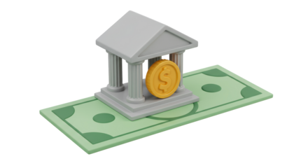 Isolated Bank Building on Top of Money Cartoon Style