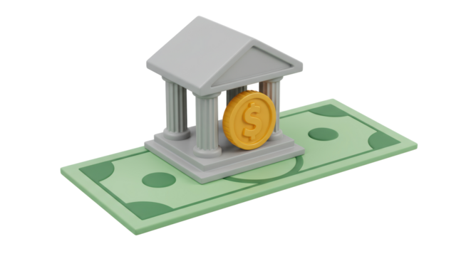 Isolated Bank Building on Top of Money Cartoon Style