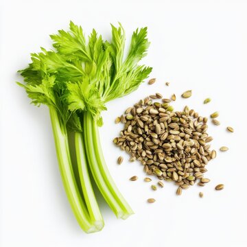 Fresh stalks of celery with pile of seeds on a white surface top on isoleted white  background