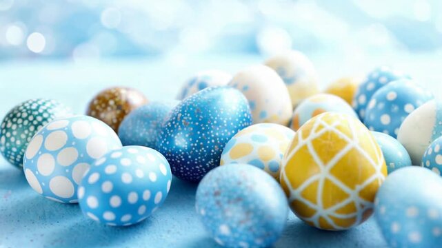 Close-up of beautifully decorated Easter eggs in shades of blue, white, and yellow.