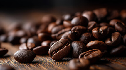 Close-Up of Roasted Coffee Beans on a Wooden Surface