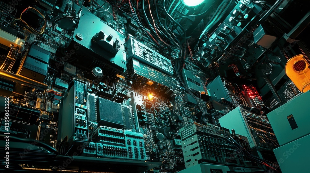 Poster large-scale systems integration test lab with interconnected hardware components, cables, and power 
