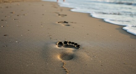Footprints fade gently on sunlit beach sand. AI Generated