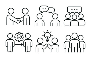 Business communication icon set - linear style with team, networking, and leadership concepts