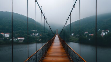 Obraz premium Misty Mountain Suspension Bridge Wooden Path Landscape