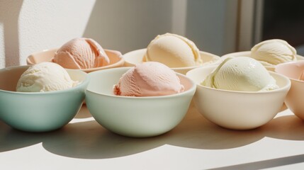 Colorful bowls brimming with pastel ice cream scoop under sunlight, evoking joy and irresistible sweetness in a cozy setting.