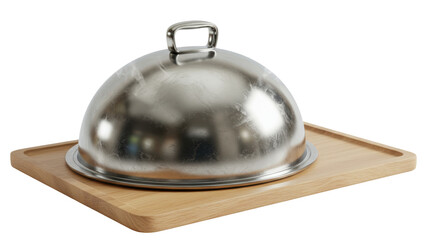 Isolated Silver Food Cloche on Wooden Tray