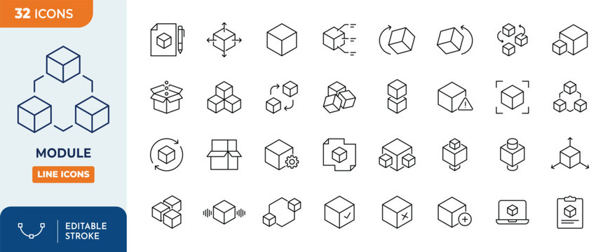 Module icon set. It included unit, block, api, product and more icons. Outline Icon Collection. Vector illustration. Editable stroke	
