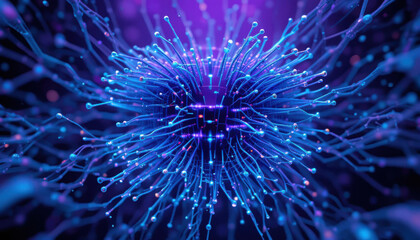 A vibrant digital representation of interconnected nodes, depicting a central core surrounded by glowing strands, evoking themes of technology and connectivity.