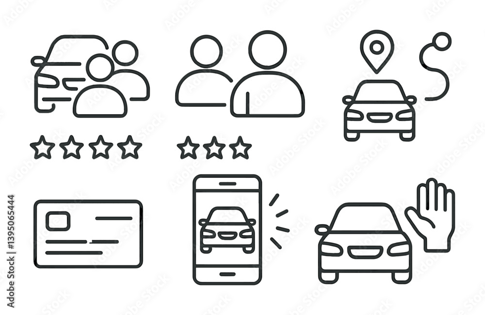 Poster carpool and ride-sharing linear icon set – navigation and communication tools