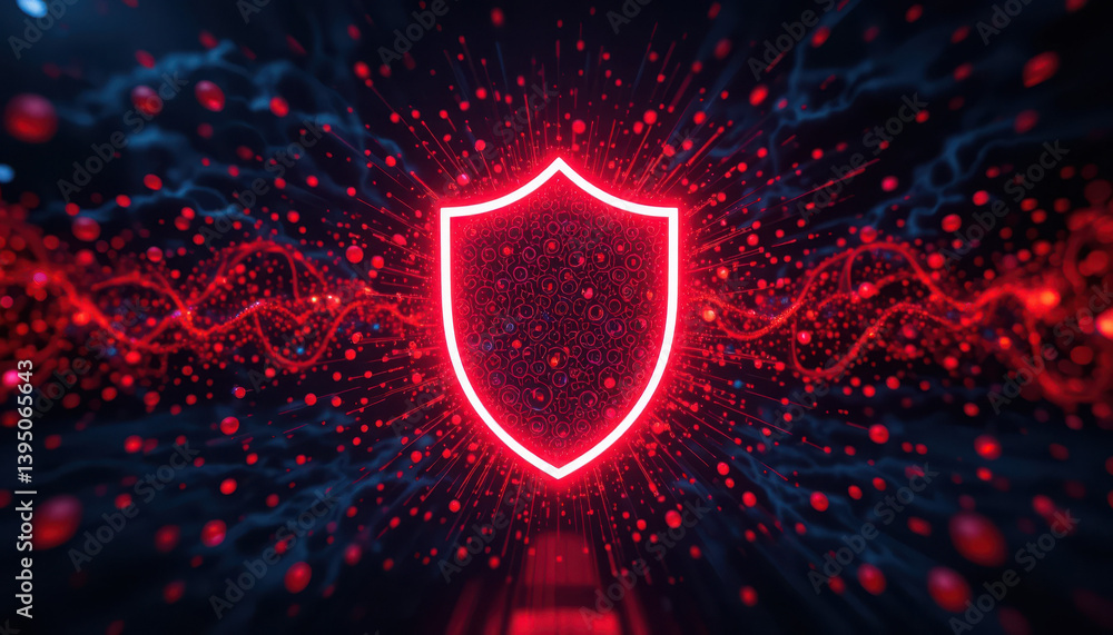 Poster a vibrant digital shield symbolizing cybersecurity, surrounded by dynamic red particles and waves, c