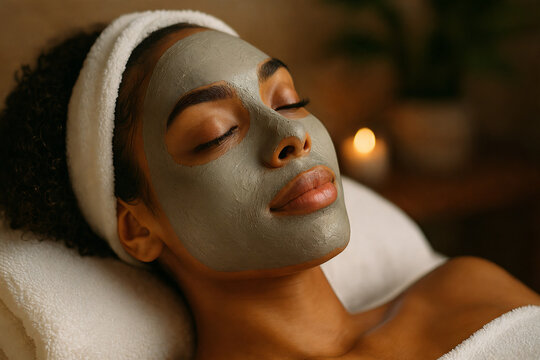 Mulher brasileira bonita aproveitando tratamento de spa com m&aacute;scara de argila em um sal&atilde;o de beleza relaxante.