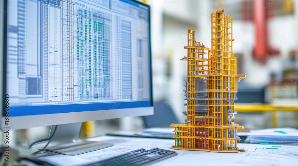 Poster modern computer setup with structural engineering simulation software on screen and technical drawin