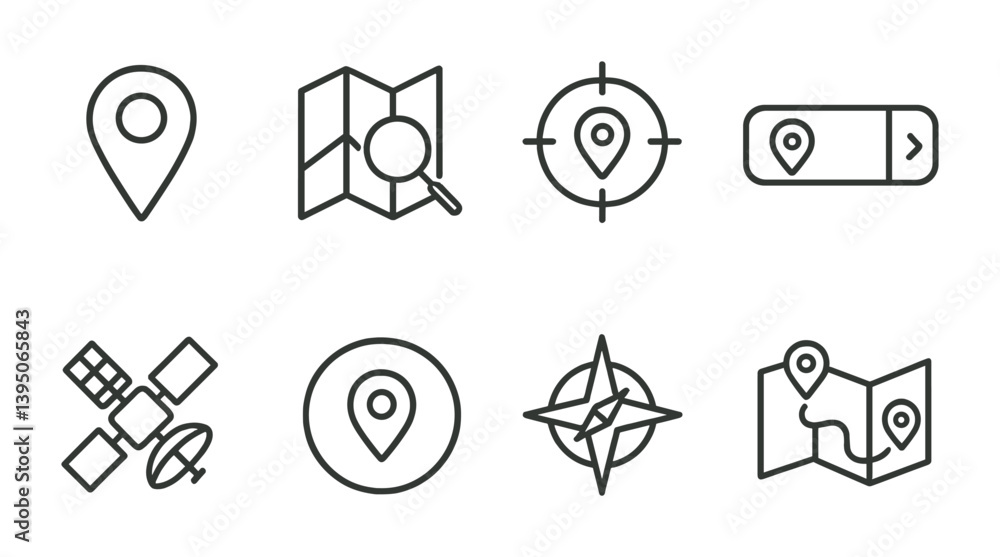 Poster navigation and location linear icon set - maps, compass, gps, and directions