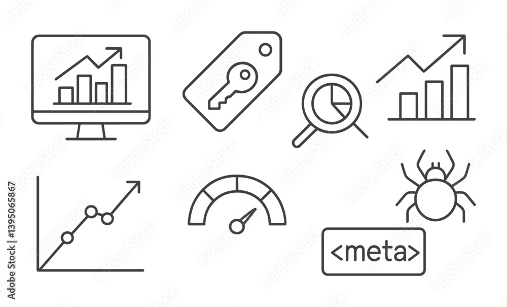 Poster seo and analytics linear icons set: optimization, data analysis, web metrics