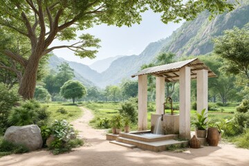 Exploring the Harmony of Human Existence and Nature in a Beautiful Mountainous Landscape with a Well