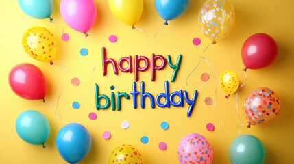 picture for happy birthday greetings, yellow background, text "happy birthday" multi-colored inflatable balloons on the sides