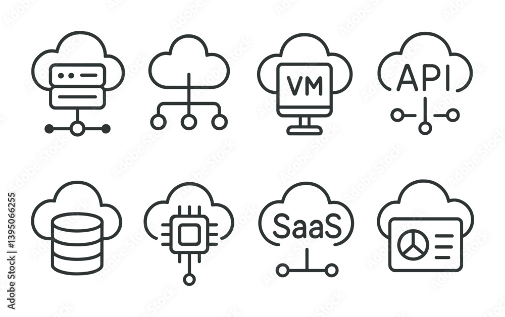 Poster cloud computing icons set: linear style for modern digital services representation