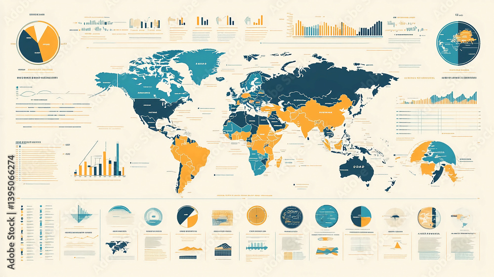 Poster world map infographic data visualization global statistics charts analysis information geography con