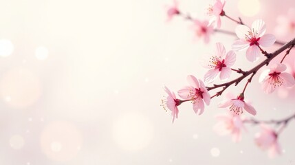 Fototapeta premium Delicate Pink Blossoms on a Branch, Soft Light Background, Springtime Floral Image